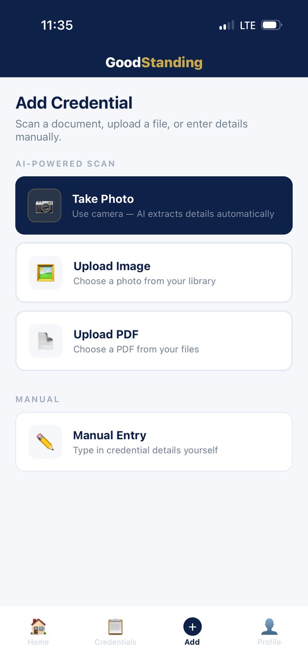 GoodStanding add credential screen with AI photo scan, upload and manual entry