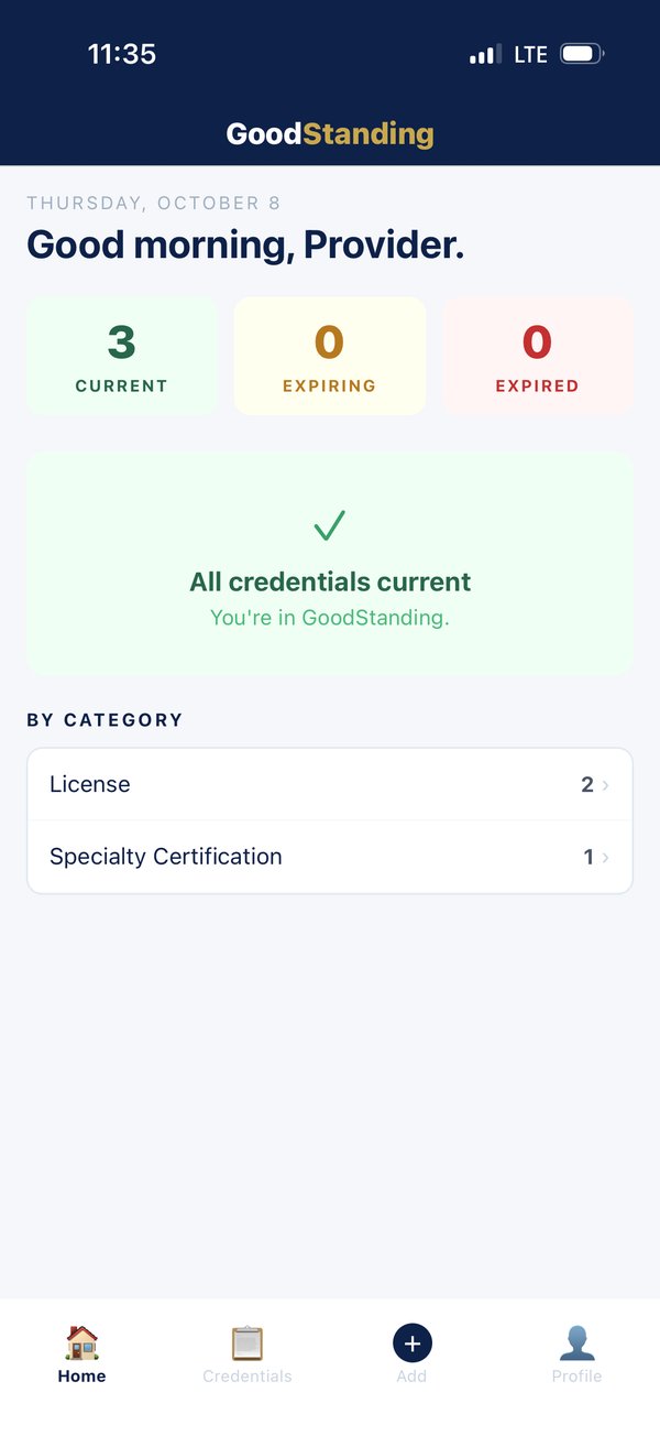 GoodStanding home screen showing current, expiring and expired credential counts